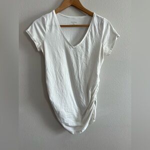Motherhood Maternity White Ruched Cap Sleeve V Neck Tee